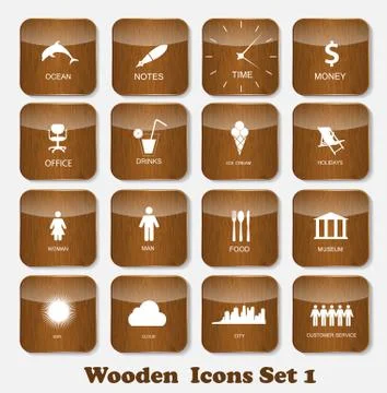 Wooden Application Icons Set Vector Illustration 스톡 일러스트