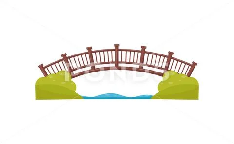 Wooden arch bridge. Walkway across the river. Footbridge made of wood. Flat Stock Illustration