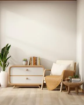 Wooden armchair with side table aside drawer cabinet and plant vase on parq.. Stock Illustration