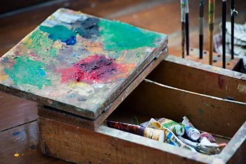 Wooden artist box pallete Stock Photos