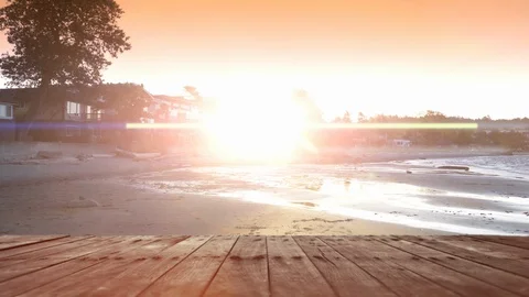 Wooden Background Beach Deck Table Top Luxury Design, Sky Sun Lens Flare Stock Footage 90351545
