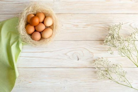 Wooden background with eggs Stock Photos