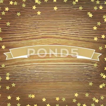 Wooden Background With Gold Stars And Banner Ribbon