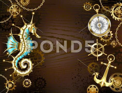 Wooden background with mechanical seahorse Stock Illustration