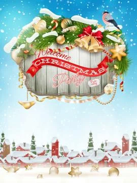Wooden banner with Christmas Fur-tree branches. Stock Illustration