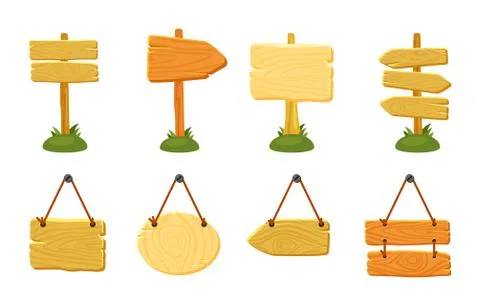 Wooden banners. direction arrows on the timber road empty signs. cartoon vector Stock Illustration