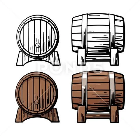 Wooden barrel front and side view engraving vector illustration Stock Illustration