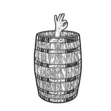 Wooden barrel, the man inside shows OK. Black and white hand drawn. Stock Illustration