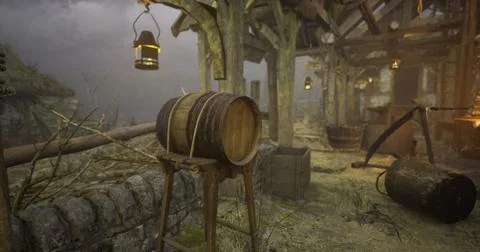 Wooden barrel in a rustic workshop with lanterns and stone elements 스톡 일러스트