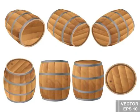 A wooden barrel set from different angles. Realistic. Isolated on white backg Иллюстрация