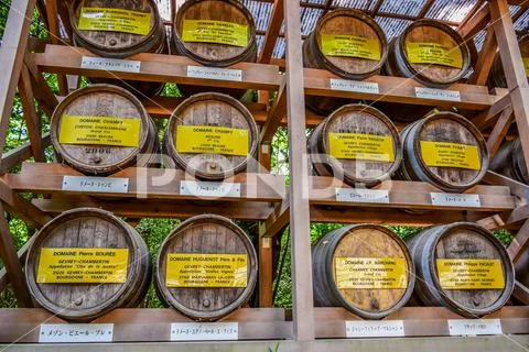 Wooden Barrels stacked of wine at Meiji Shrine temple in Shibuya, Tokyo Stock Photos