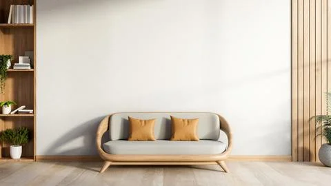 Wooden base sofa with pillow aside white wall on parquet floor in sunlit ro.. Stock Illustration