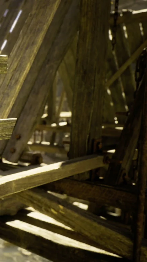Wooden beams and chains create a rustic charm in a forgotten workshop Stock Footage 331798996