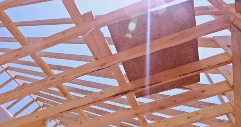 Wooden beams are arranged in triangular rectangular patterns, suggesting early Stock Footage 305586739