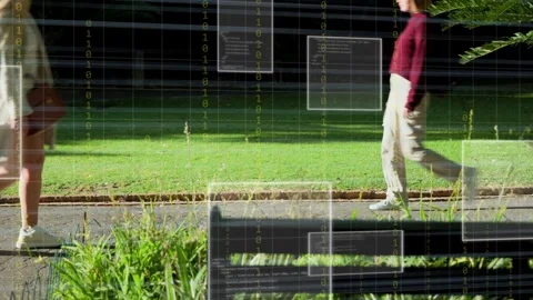 Wooden bench framing park while tech grid appearing and UI panels showing AR as Stock Footage 334768635
