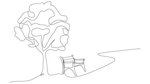 Wooden bench on a path in park continuous line drawing. Ilustración de archivo