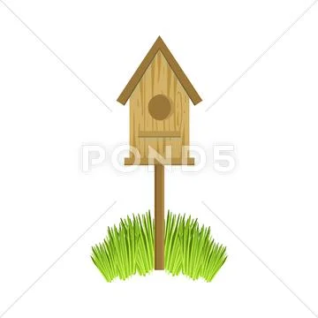 Wooden Bird House On Grass Stock Illustrationen