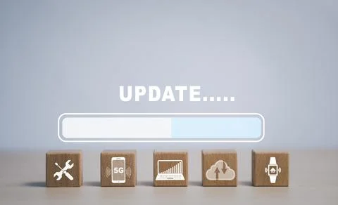 Wooden block cube Update Software Computer Program Upgrade Business Technolog 스톡 사진