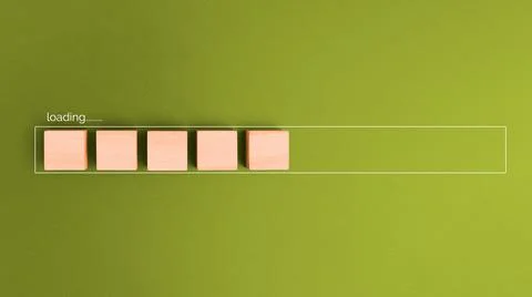 Wooden block in progress bar for loading on green background. Stock Photos