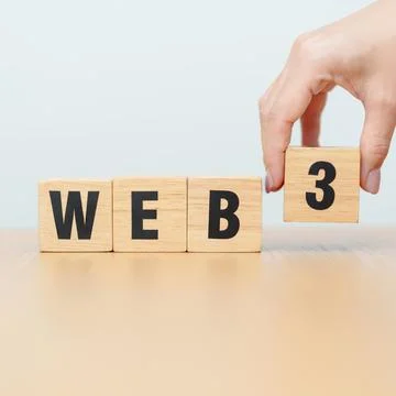 Wooden block of WEB 3. Centralization, Blockchain, Decentralization, Social.. Foto stock