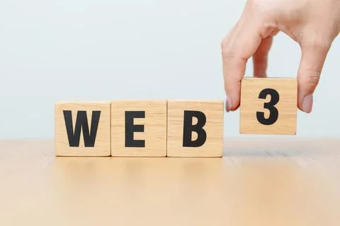 Wooden block of WEB 3. Centralization, Blockchain, Decentralization, Social.. 스톡 사진