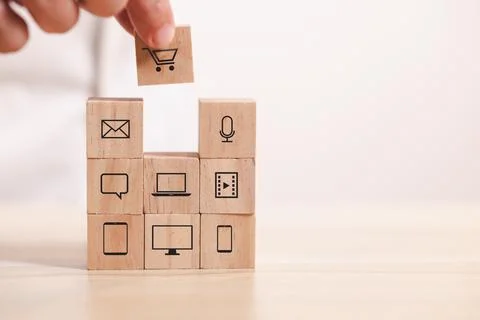 Wooden blocks stack to square online marketing. Concept digital marketing and Foto stock