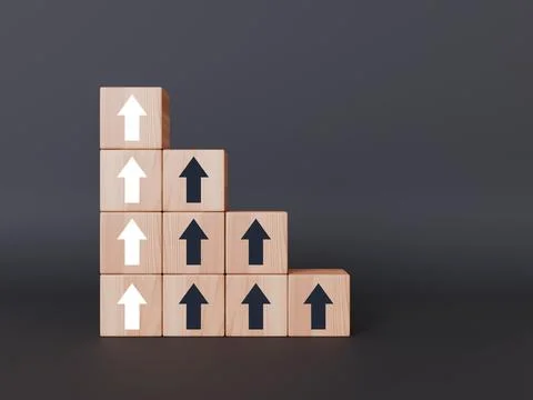 Wooden blocks stacked in a staircase pattern with upward pointing arrows Stock Illustration