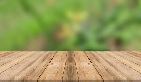 WOODEN BOARD EMPTY TABLE OF BLURRED FRESH PLANT BACKGROUND Illustrazione stock