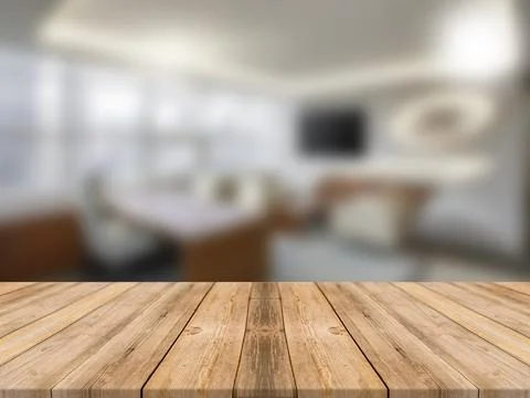 WOODEN BOARD EMPTY TABLE IN FRONT OF BLURRED INTERIOR BACKGROUND Stock Illustration
