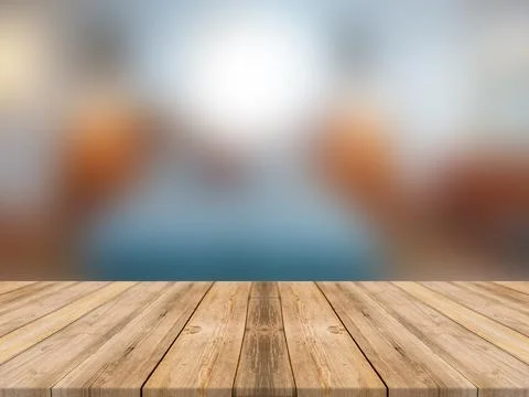 WOODEN BOARD EMPTY TABLE IN FRONT OF BLURRED INTERIOR BACKGROUND Stock Illustration