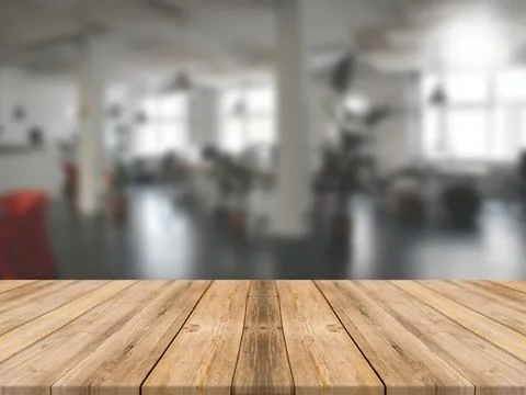 WOODEN BOARD EMPTY TABLE IN FRONT OF BLURRED IN ROOM BACKGROUND Illustrazione stock