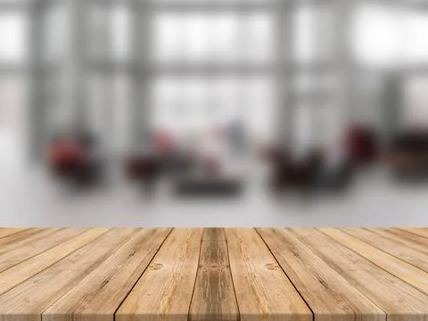 WOODEN BOARD EMPTY TABLE IN FRONT OF BLURRED SITTING ROOM BACKGROUND Stock Illustration