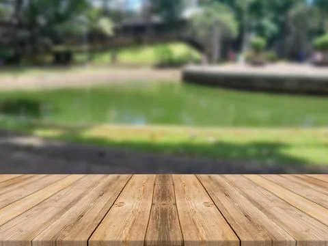 WOODEN BOARD EMPTY TABLE IN FRONT OF BLURRED FRESH FISH POND BACKGROUND Stock Illustration