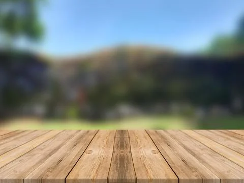 WOODEN BOARD EMPTY TABLE IN FRONT OF BLURRED PLANT &amp; SKY  BACKGROUND Stock Illustration