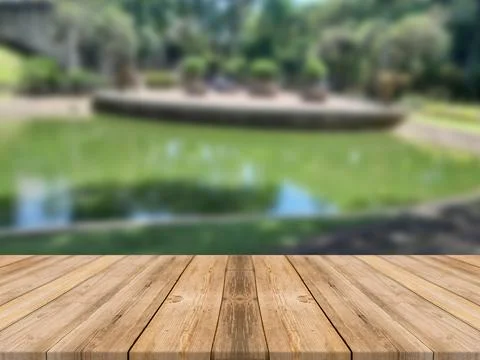 WOODEN BOARD EMPTY TABLE IN FRONT OF BLURRED FRESH FISH POND BACKGROUND Illustrazione stock