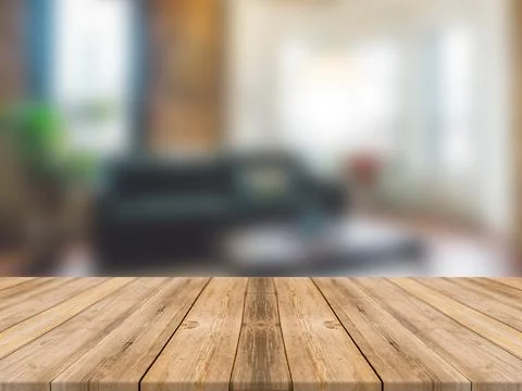 WOODEN BOARD EMPTY TABLE IN FRONT OF BLURRED INTERIOR BACKGROUND Stock Illustration