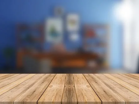 WOODEN BOARD EMPTY TABLE IN FRONT OF BLURRED BACKGROUND Illustrazione stock