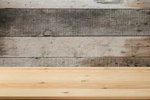 Wooden board empty table in front of a blurred background. Perspective brown  Stock Photos