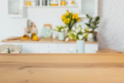 Wooden board empty table in front of a blurred background. Perspective brown  Stock Photos