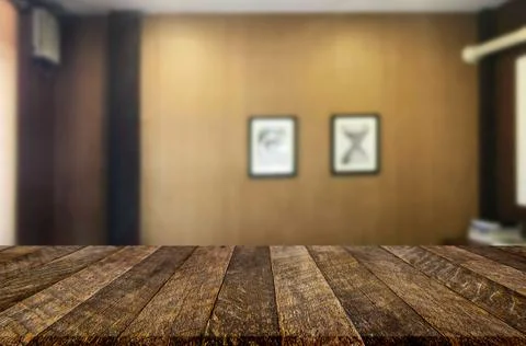 Wooden board empty table space platform in front of blurred Living Room Of Th Foto stock