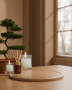 Wooden board tray with diffuser and aroma scented candle glass with bonsai .. Ilustração Stock