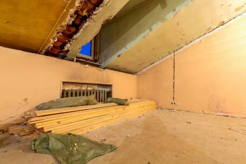 Wooden boards are preparing for installing wooden floor  in apartment that i Stock Photos