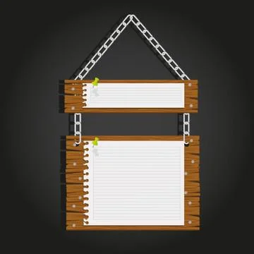 Wooden boards with chain for messages, vector illustration Stock Illustration