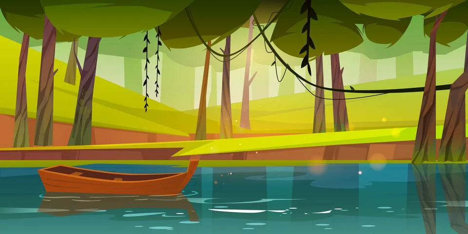 Wooden boat float on forest lake, pond or river Stock Illustration