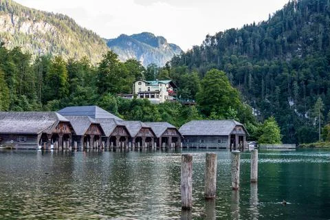 Wooden Boathouses in Lake Koenigssee in Schoenau, Bavaria Stock Photos