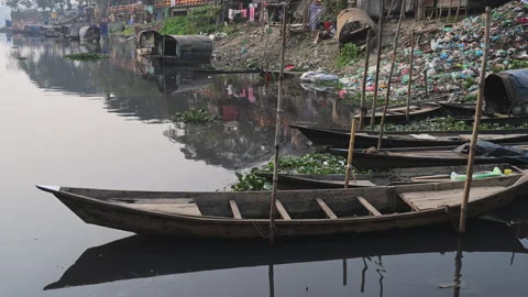 Wooden Boats Reflection Polluted River Plastic Garbage Dhaka Bangladesh Slum Stock Footage 340862685