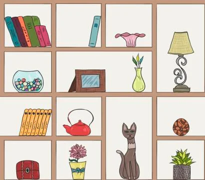 Wooden book shelves pattern background. Different colorful hand drawn items Stock Illustration