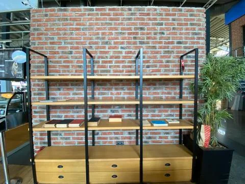 Wooden Bookcase background Stock Photos