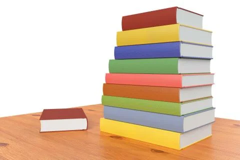 Wooden bookshelf or table with stack of color books, diagonal view 스톡 일러스트