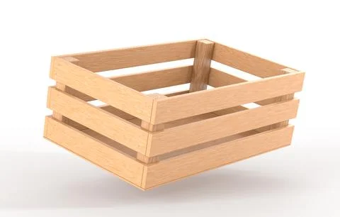 Wooden box angle view 3D render. Blank wood crate, timber plank container, tray Ilustración de archivo